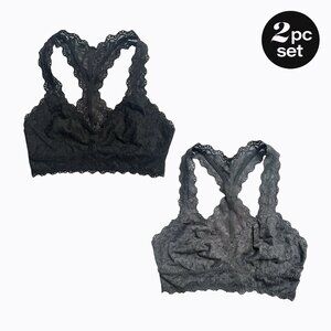 2-PC Felina Lace T-Back Bralettes Sz M Black Castlerock Gray Romantic Whimsigoth